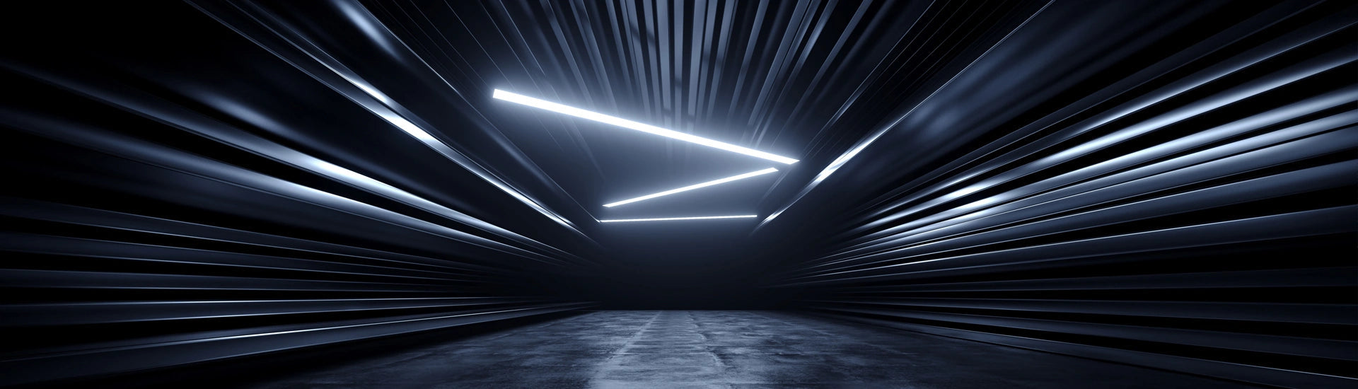 ABOK brand story banner with illuminated geometric lines in a futuristic dark tunnel.