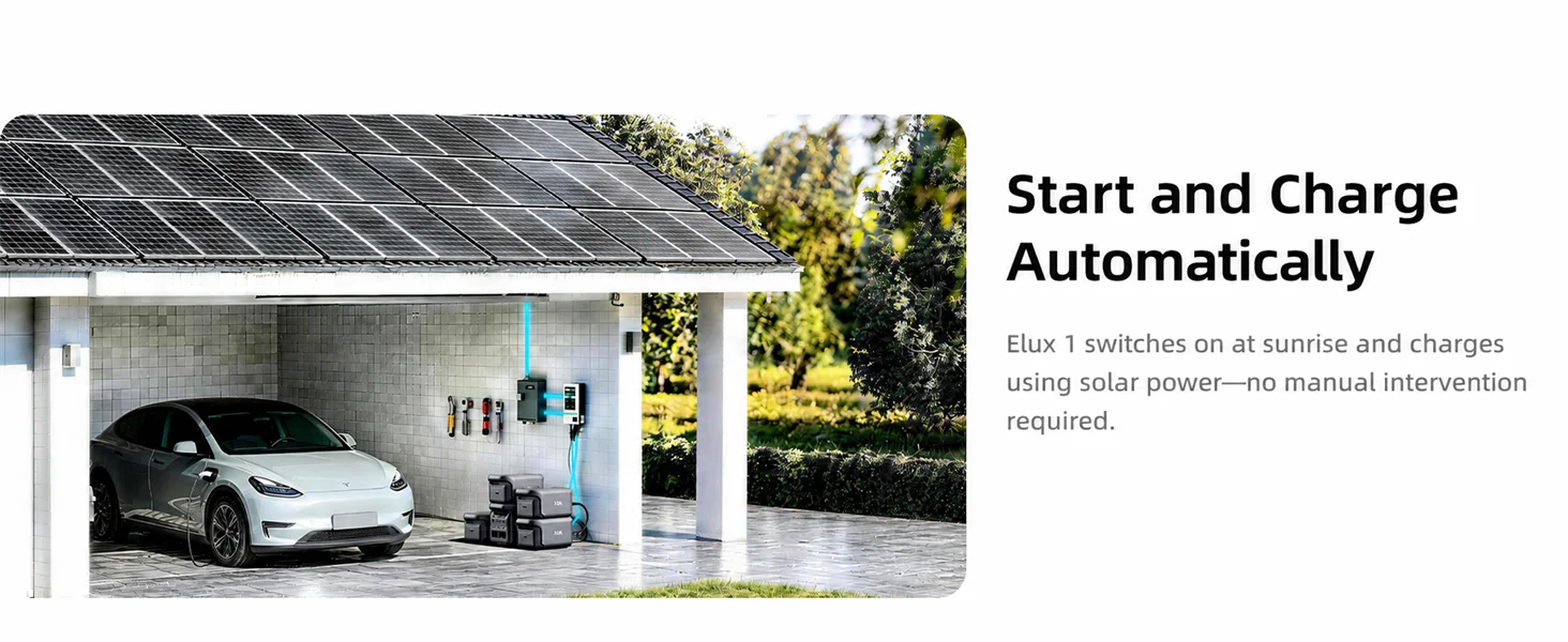 ABOK Elux 1 EU-spec wide home solar setup illustrating automatic charging at sunrise.
