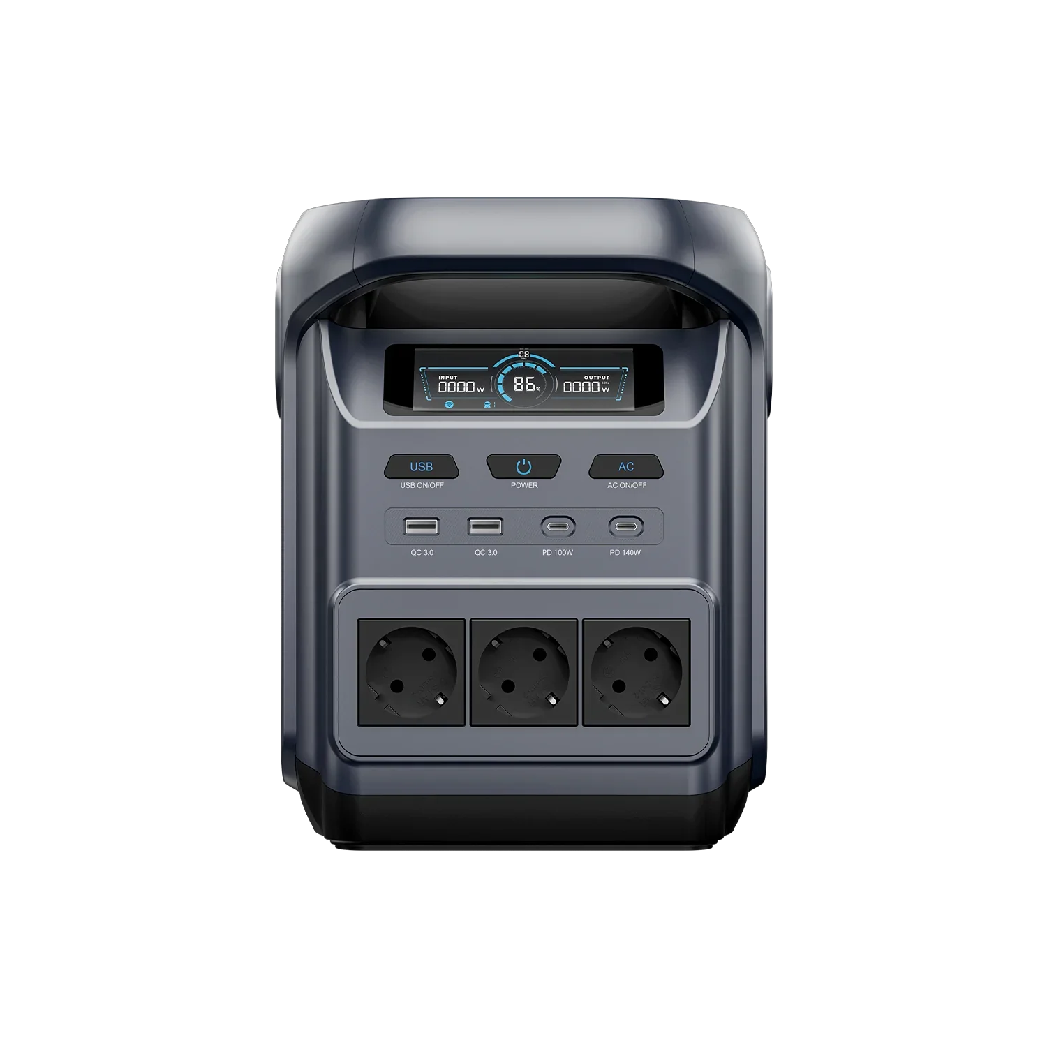 ABOK Elux 1 EU-spec portable power station shown from the front with three AC outlets.