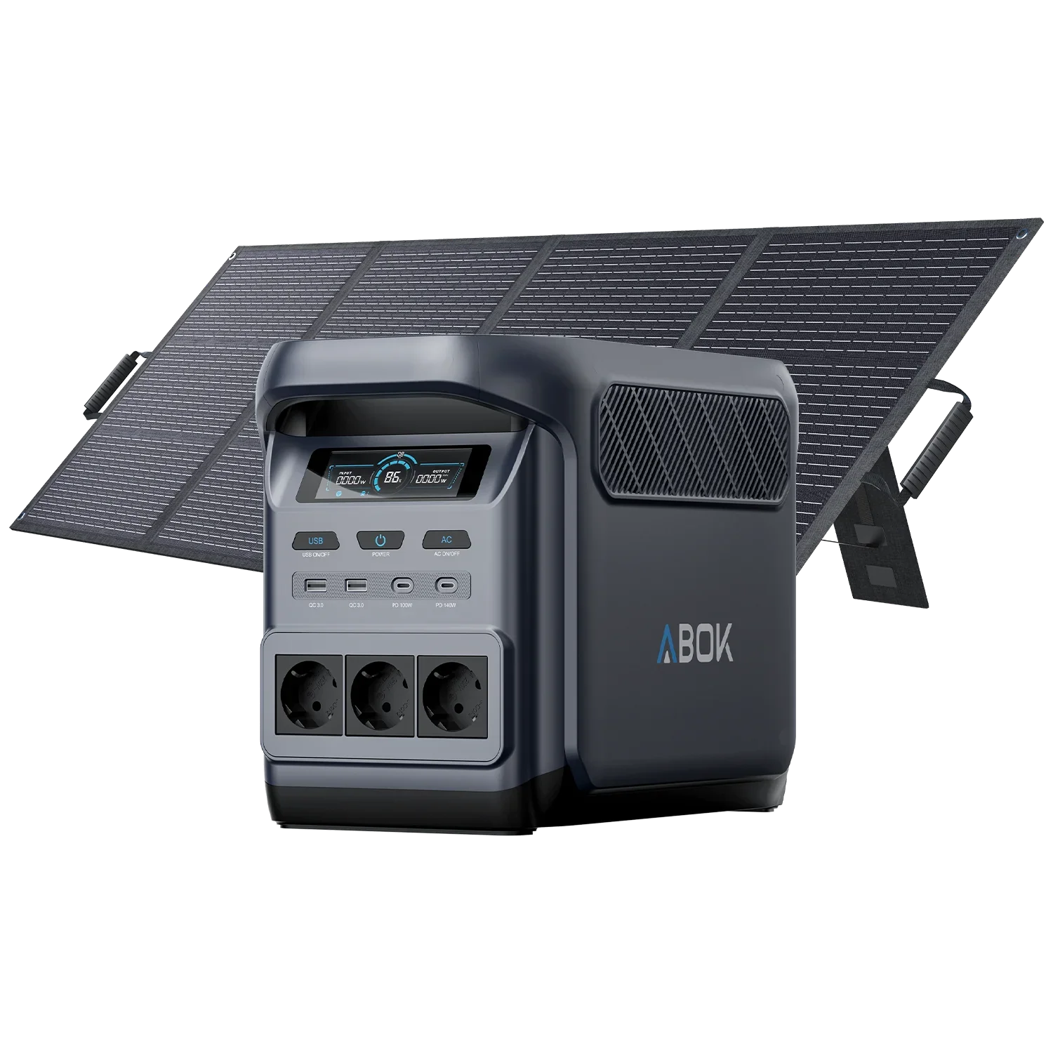 ABOK Elux 1 EU-spec portable power station displayed with a 200W foldable solar panel.