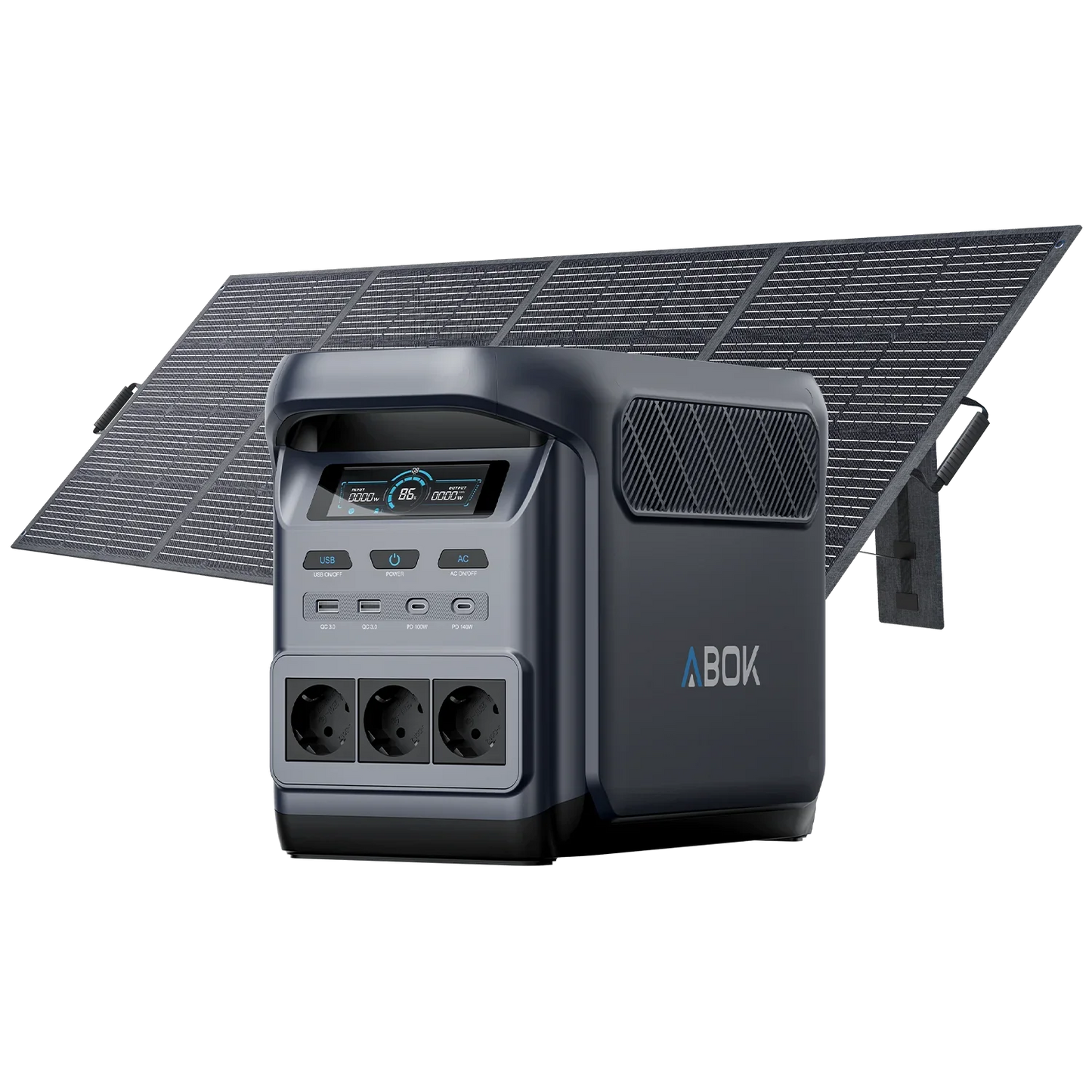 ABOK Elux 1 EU-spec portable power station displayed with a 400W foldable solar panel.