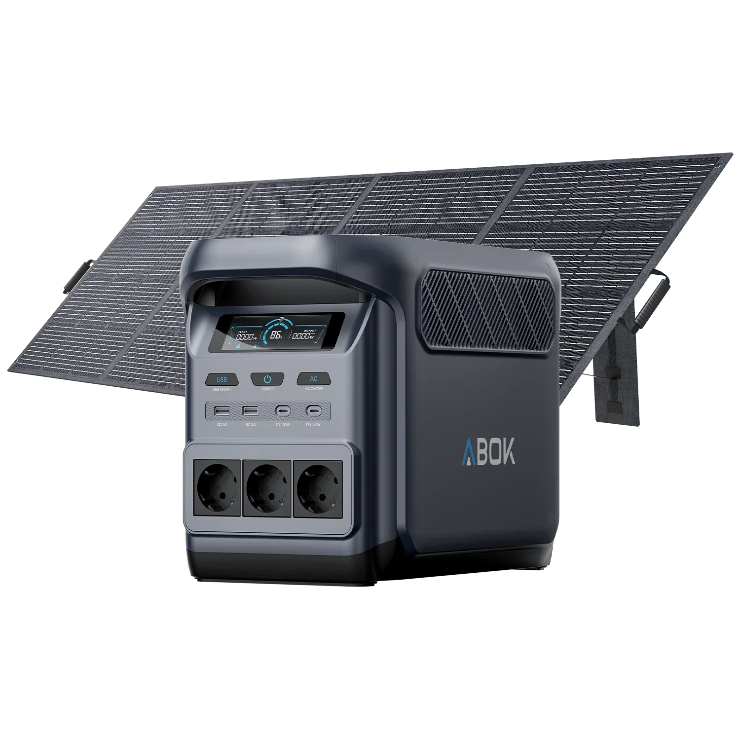 ABOK Elux 1 EU-spec portable power station displayed with a 400W foldable solar panel.