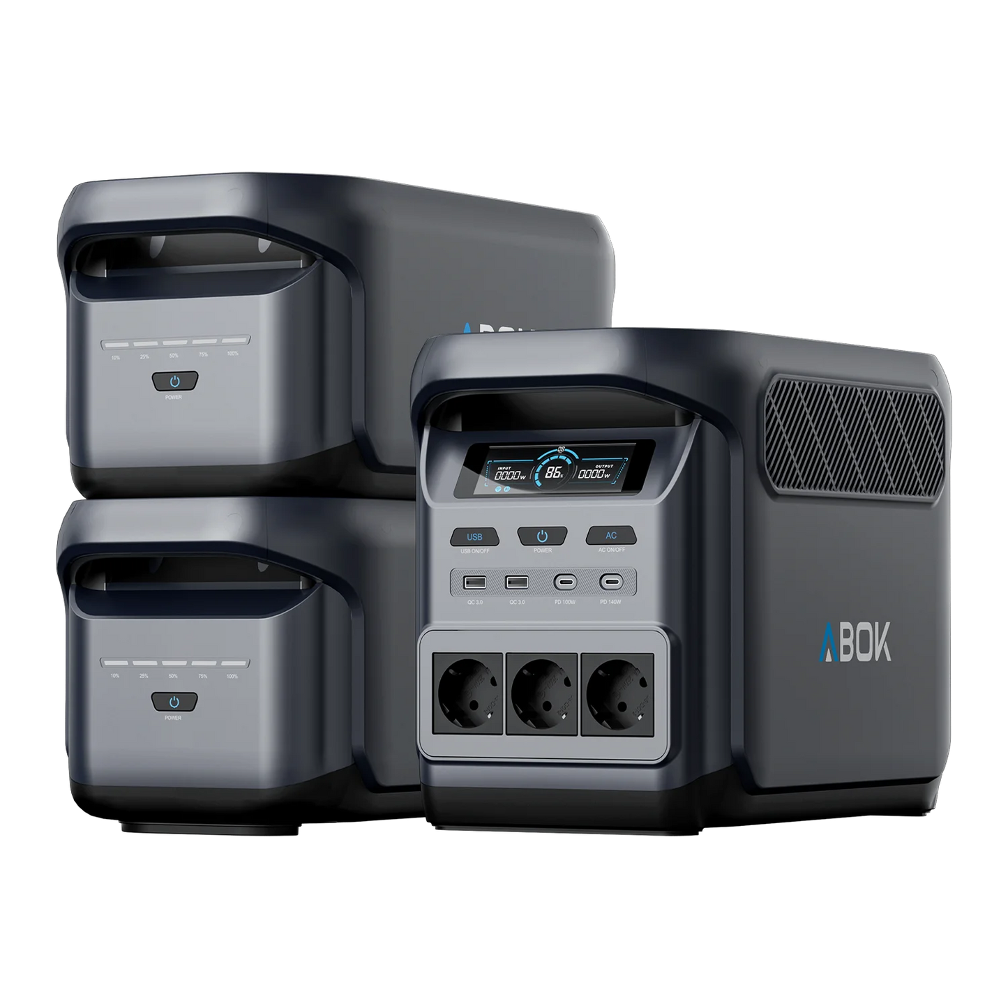 ABOK Elux 1 EU-spec portable power station paired with two X1 expansion batteries.