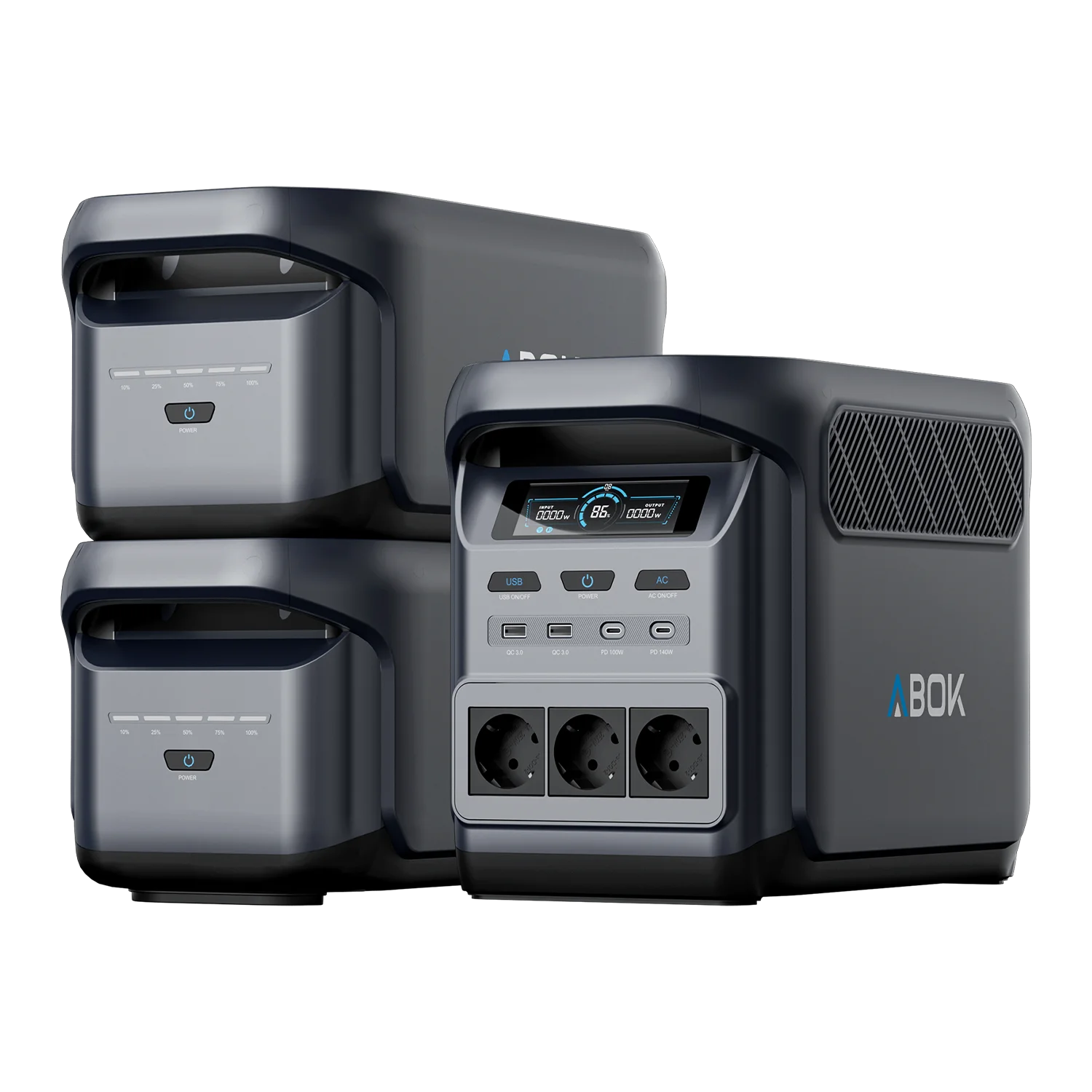 ABOK Elux 1 EU-spec portable power station paired with two X1 expansion batteries.