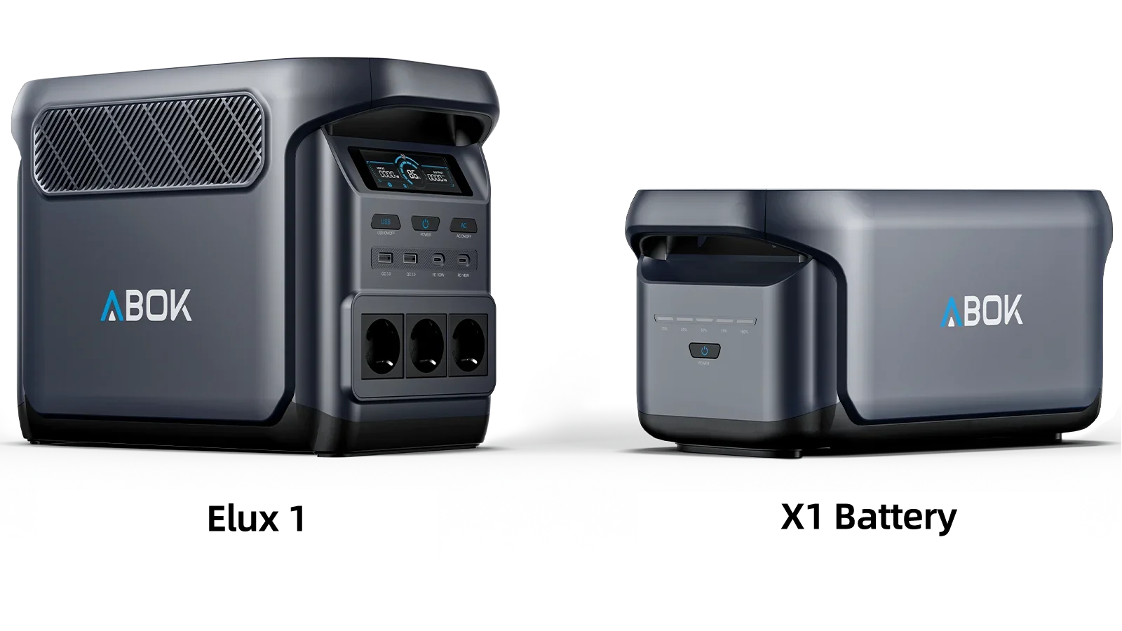 ABOK Elux 1 EU-spec power station with an X1 battery in an animated product graphic.