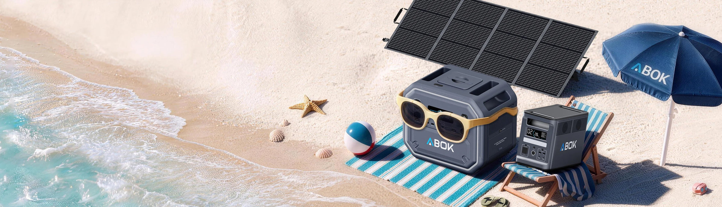 ABOK portable power stations and solar panel on a beach